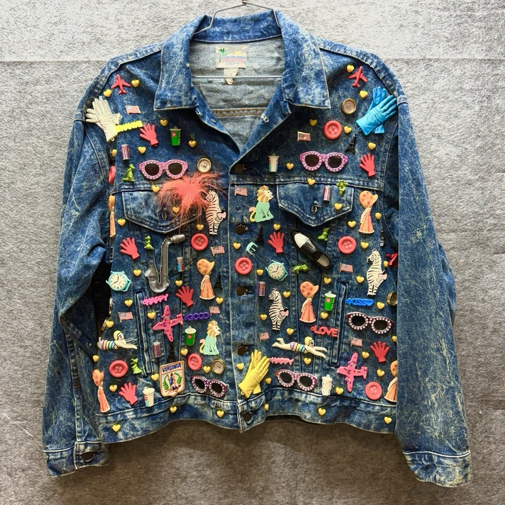 Celeste Stein Denim Jacket Womens One Size Embellished Cotton Blue Novelty 80s
